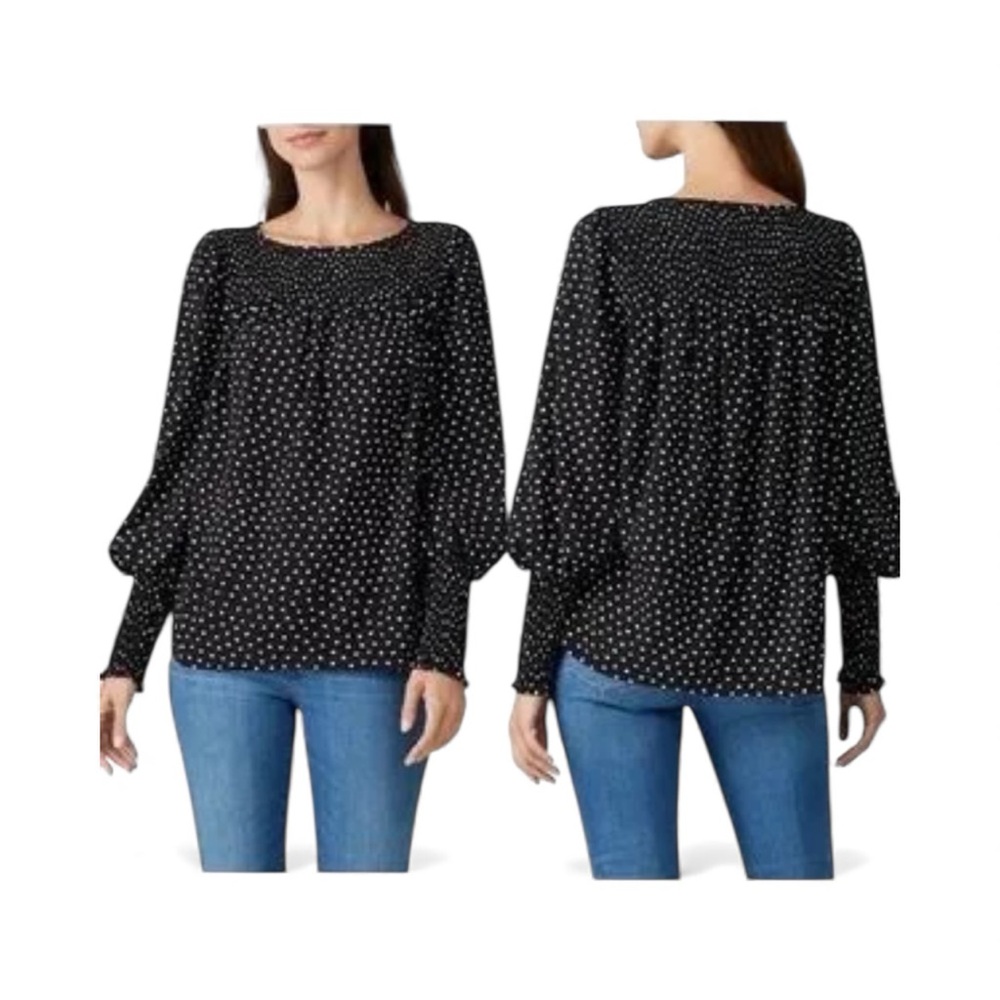 Kate Spade Heartbeat Smocked Black White Polka Dot Blouse Women’s Size XS